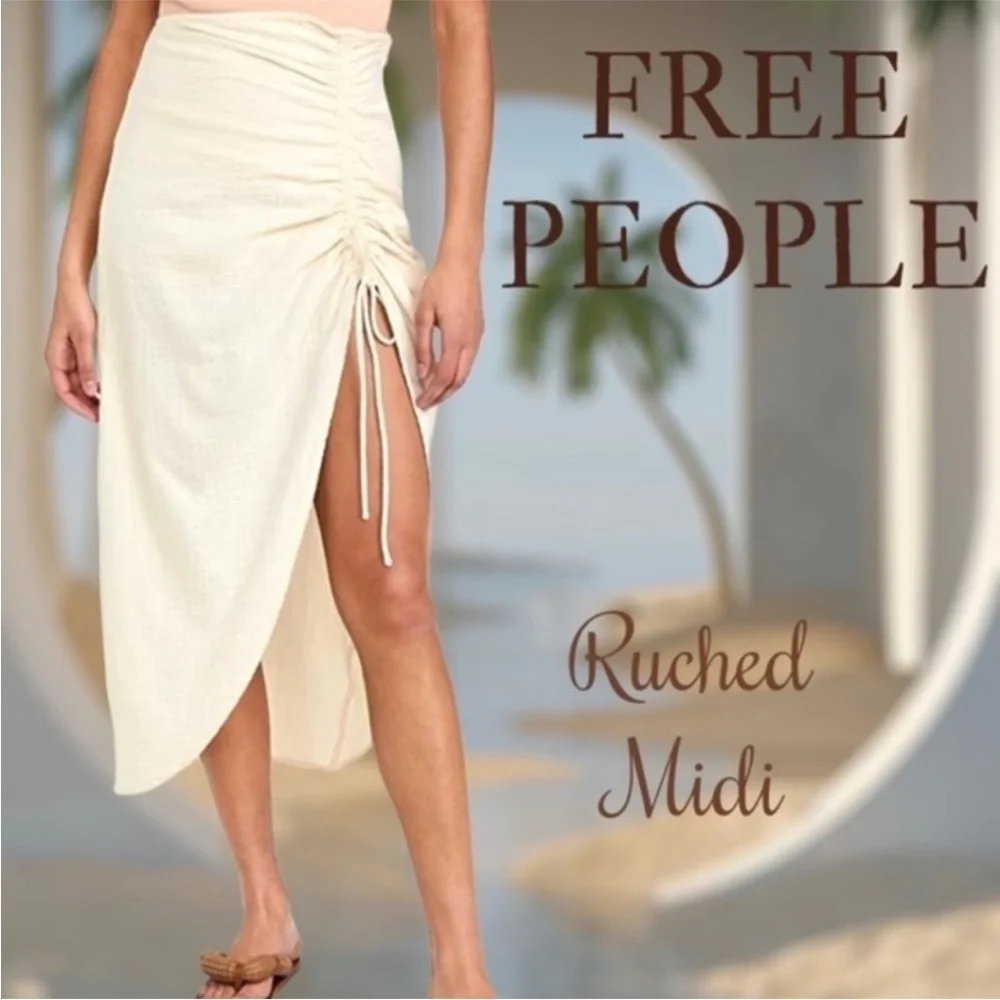 Free People New Natural Cerine Ruched Midi Skirt in Ivory NWOT - Picture 3 of 16